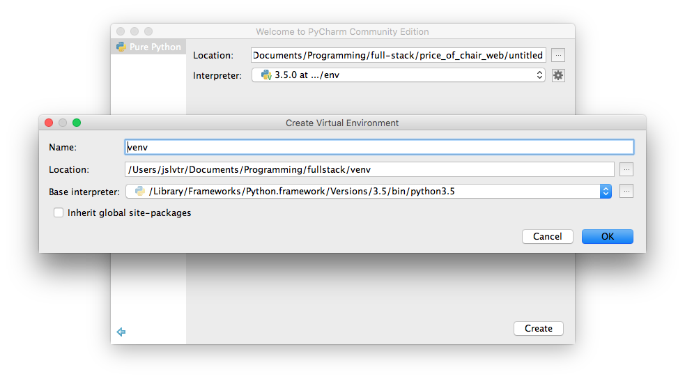 The Create VirtualEnv Screen